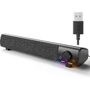 Computer Speakers, USB Powered 3.5mm AUX PC Sound Bar for Desktop Monitor, Gaming Speakers with Headphones & Microphone Link, Superb Stereo Sound, Plug-n-Play (Black)