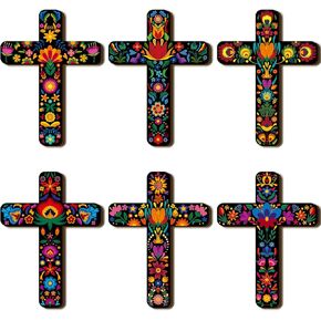 Soaoo 6 Pcs Floral Cross Wall Decor Hand Painted Decorative Inspirational Wooden Cross Spanish Style Wall Cross Mexican Art Wall Decor Mexican Crucifix for Home Room Church Decoration