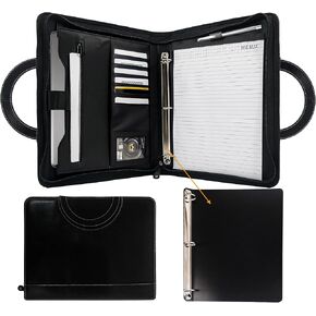 GraduatePro Zippered Binder with Handles - Professional Faux Leather Padfolio with 3 Ring Binder, Storage Pouch for Tablet, Travel Documents - Black