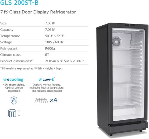 GRS Light Commercial Refrigerator with Double-Tempered Single Glass Door - 7.1 Cubic Feet Display Beverage Fridge, eCooler System, Ideal for Convenience Stores - Black in Saudi Arabia