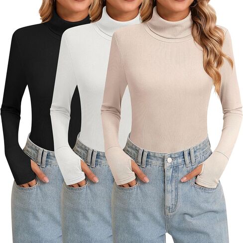 Huukeay 3 Pack Women's Long Sleeve Turtleneck Tops, Slim Fit Ribbed Pullover with Thumbhole Mock Neck T-shirts Underwear Top in Kuwait
