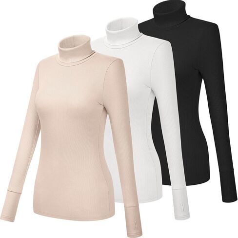 Huukeay 3 Pack Women's Long Sleeve Turtleneck Tops, Slim Fit Ribbed Pullover with Thumbhole Mock Neck T-shirts Underwear Top in Kuwait