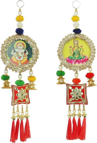 Auspicious Shubh Labh Hanging Laxmi Ganesh Bandanwar Door Round Wall Hanging for Handcrafted Square Pom Pom with Tassels Valance Home Showpiece for Indian Traditional Ganesha Decoration(Size:-14"X4") in Saudi Arabia