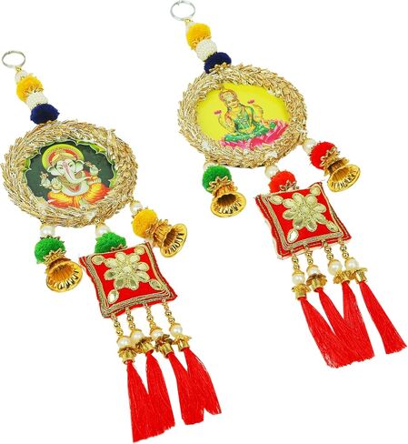 Auspicious Shubh Labh Hanging Laxmi Ganesh Bandanwar Door Round Wall Hanging for Handcrafted Square Pom Pom with Tassels Valance Home Showpiece for Indian Traditional Ganesha Decoration(Size:-14"X4") in Saudi Arabia