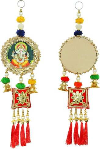Auspicious Shubh Labh Hanging Laxmi Ganesh Bandanwar Door Round Wall Hanging for Handcrafted Square Pom Pom with Tassels Valance Home Showpiece for Indian Traditional Ganesha Decoration(Size:-14"X4") in Saudi Arabia