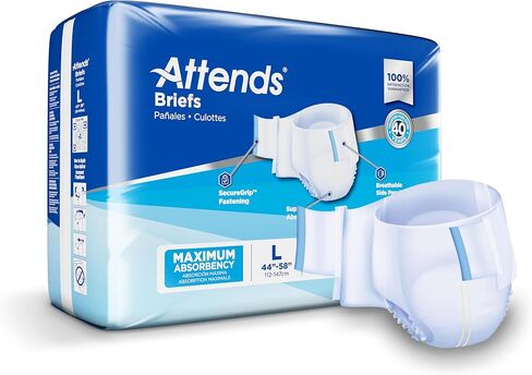 Attends Adult Incontinence Disposable Briefs, Large, 44"-58" Waist with Tab Closures, Maximum Absorbency Core and Breathable Materials, 72ct Case in Saudi Arabia