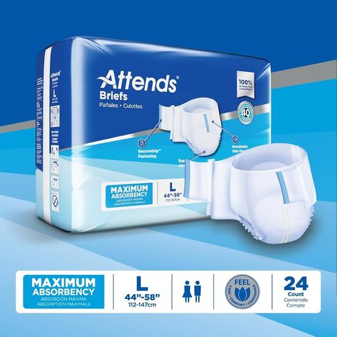Attends Adult Incontinence Disposable Briefs, Large, 44"-58" Waist with Tab Closures, Maximum Absorbency Core and Breathable Materials, 72ct Case in Saudi Arabia