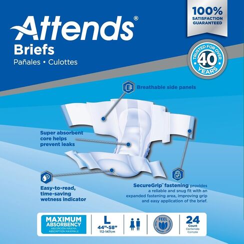 Attends Adult Incontinence Disposable Briefs, Large, 44"-58" Waist with Tab Closures, Maximum Absorbency Core and Breathable Materials, 72ct Case in Saudi Arabia