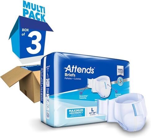 Attends Adult Incontinence Disposable Briefs, Large, 44"-58" Waist with Tab Closures, Maximum Absorbency Core and Breathable Materials, 72ct Case in Saudi Arabia