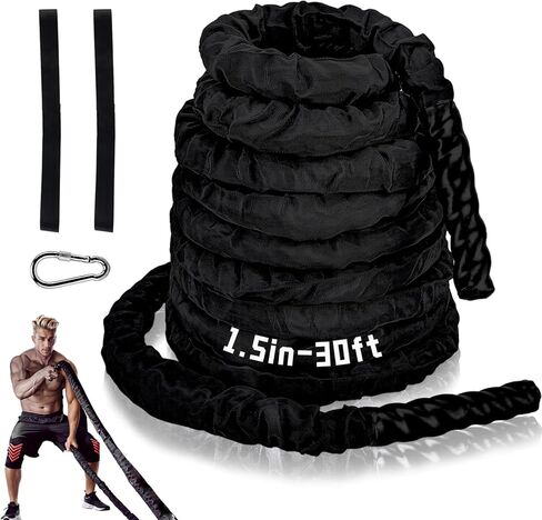 حبال تمرين المعركة مقاس 1.5 بوصة 30 قدمًا - حبال تمرين من البوليستر شديدة التحمل لصالة الألعاب الرياضية المنزلية وتدريبات القوة ومعدات اللياقة البدنية - أسود in Kuwait