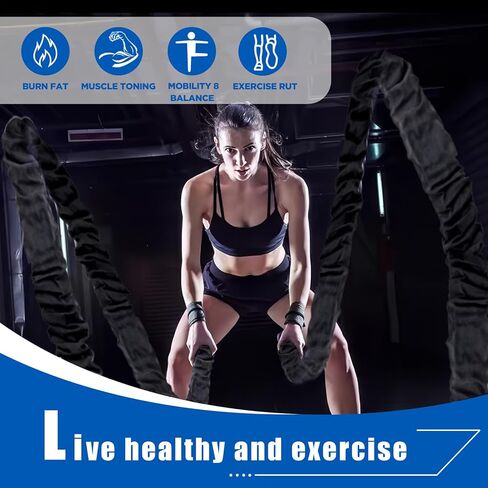 حبال تمرين المعركة مقاس 1.5 بوصة 30 قدمًا - حبال تمرين من البوليستر شديدة التحمل لصالة الألعاب الرياضية المنزلية وتدريبات القوة ومعدات اللياقة البدنية - أسود in Kuwait