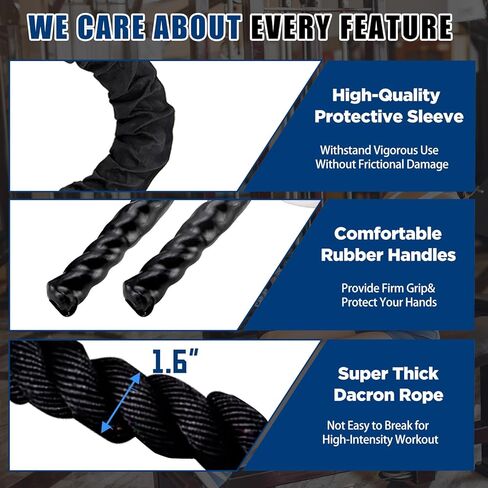 حبال تمرين المعركة مقاس 1.5 بوصة 30 قدمًا - حبال تمرين من البوليستر شديدة التحمل لصالة الألعاب الرياضية المنزلية وتدريبات القوة ومعدات اللياقة البدنية - أسود in Kuwait