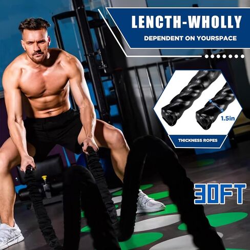 حبال تمرين المعركة مقاس 1.5 بوصة 30 قدمًا - حبال تمرين من البوليستر شديدة التحمل لصالة الألعاب الرياضية المنزلية وتدريبات القوة ومعدات اللياقة البدنية - أسود in Kuwait