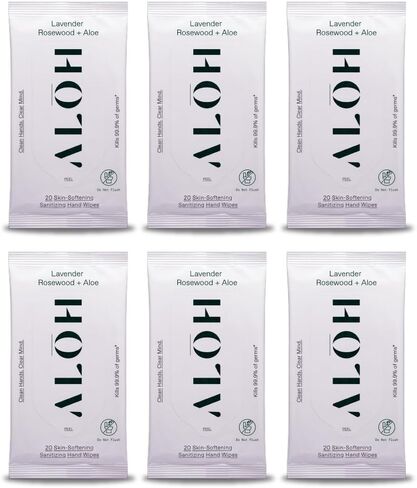 ALŌH Lavender Rosewood + Aloe Sanitizing Hand Wipes - Clean Hands, Clear Mind - On The Go Hand Sanitizer Wipes for Kids and Adults - Travel Size 3 Pack, 20ct Wipes (60 wipes) in Kuwait