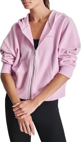 DKNY Women's Long Sleeve Full Zip Stacked Mixed Rhinestud Logo Fleece Hoodie in Saudi Arabia