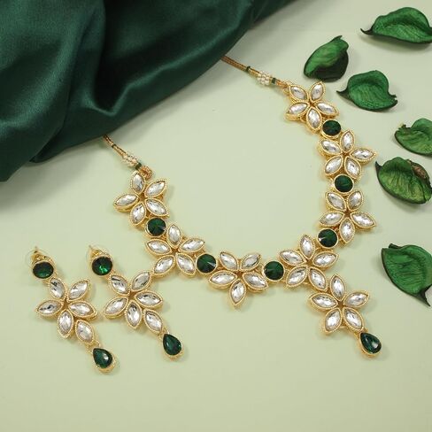 I Jewels مطلية بالذهب الزفاف الهندي بوليوود تصميم الزهور كوندان مرصع قلادة مجوهرات مع طقم من الأقراط للنساء/الفتيات in Saudi Arabia