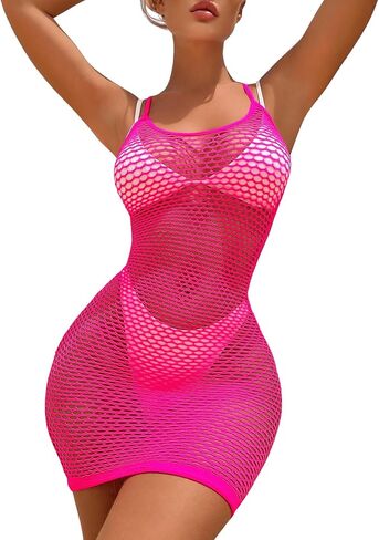 OYOANGLE Women's Fishnet Hollow Out Sleeveless Halter Cover Up Dress Summer Bathing Suit Bodycon Dresses in Saudi Arabia