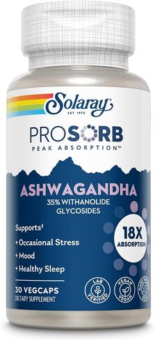 كبسولات SOLARAY Ashwagandha امتصاص 18X - مستخلص جذر وأوراق أشواغاندا 240 مجم - تخفيف التوتر العرضي، مكملات دعم النوم والمزاج - نباتي، ضمان 60 يومًا - 30 وجبة، 30 كبسولة نباتية in Kuwait