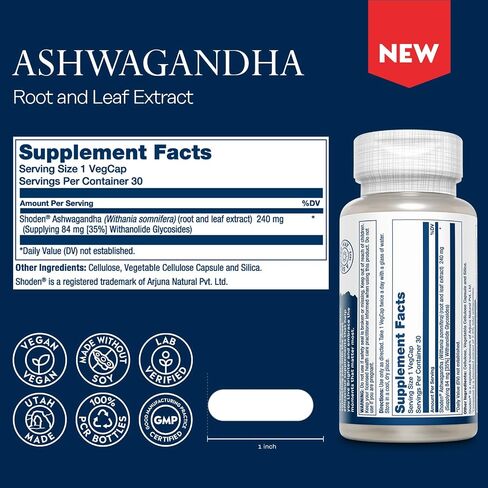 كبسولات SOLARAY Ashwagandha امتصاص 18X - مستخلص جذر وأوراق أشواغاندا 240 مجم - تخفيف التوتر العرضي، مكملات دعم النوم والمزاج - نباتي، ضمان 60 يومًا - 30 وجبة، 30 كبسولة نباتية in Kuwait