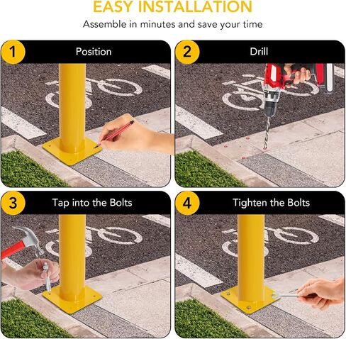 Safety Bollard 4 Packs, 42 Inch Height Steel Bollard Post for Parking Lot, 4.5 Inch Diameter Pipe, Yellow Safety Bollard Post with 16 Anchor Bolts, Ideal for Traffic-Sensitive Areas, Driveway Barrier in Saudi Arabia