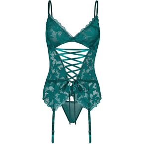 LINGERLOVE Womens Plus Size Tedy Lingerie Sexy Lace Bodysuit Backless Babydoll with Garter Belts S-6XL