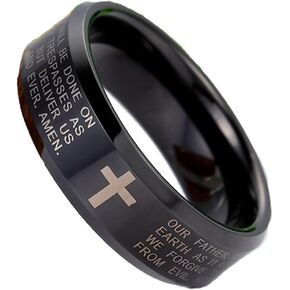 Men Women 8mm Tungsten Carbide Black Ring Engraved English Bible Lords Prayer Cross Band Ring For Her Him