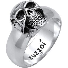 kuzzoi Solid 925 Sterling Silver Men's Silver Ring, Skull Rings for Men, Black Oxidized, 0601662919
