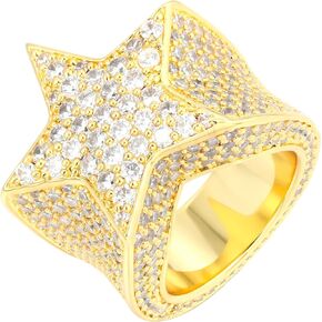 Iced Out Star Pinky Ring - 18K ذهبي، وردي ذهبي أو أبيض مطلي بالذهب - الهيب هوب 5A + خاتم على شكل نجمة ألماس للرجال والنساء - مقاس 7,8,9,10