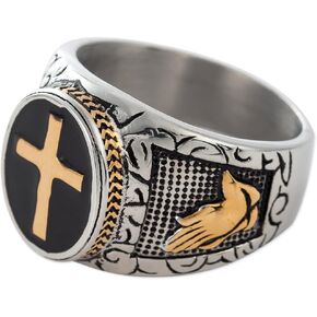 Christian Holy Cross Prayer Ring Stainless Steel Black Enamel Religious