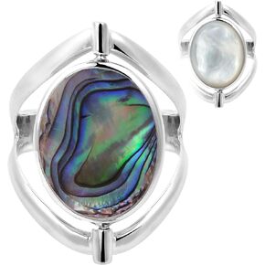 AeraVida Two in One Flip Abalone Shell and Mother of Pearl Oval .925 Sterling Silver Ring | Abalone Shell Ring Sterling Silver | Ring for Women Weight 4.5 Grams Size 5 to 11