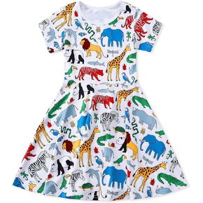 WonderBabe Girls Dresses Toddler Dinosaur Summer Sundress Kids Short Sleeve School Casual A Line Twirly Skater Dresses