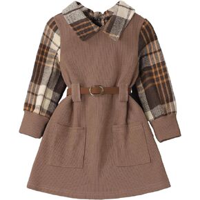 SweatyRocks Girl's Plaid Long Sleeve Contrast Collar Belted Flared Dress Casual High Waist A Line Short Dress