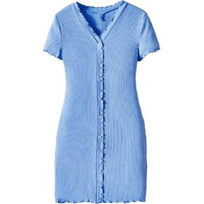 Verdusa Girl's Lettuce Trim Button Front V Neck Short Sleeve Fitted Dress