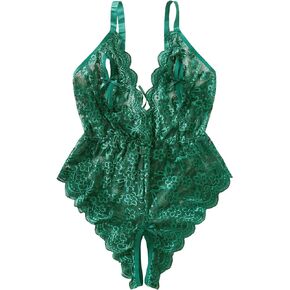 WDIRARA Women's Plus Size Floral Lace Deep V Neck Bow Front Sleeveless Elastic Waist Lingerie Sets