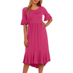 Meetrendi 2024 Women's Elegant Midi Dress Summer Casual Short Sleeve Ruffle Vintage Classic Knit Dress with Pockets