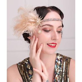 1920s Flapper Feather Headband Champagne Feather Headpiece with Rhinestone Head Chain Great Gastby Hair Accessories for Women and Girls