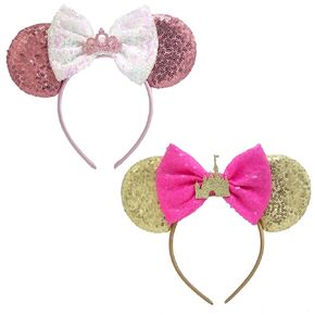 ECOSCO 2 Pcs Mouse Ears Headbands Glitter Sparkly Princess Ears Headband Costume Birthday for Adult (Black+White)