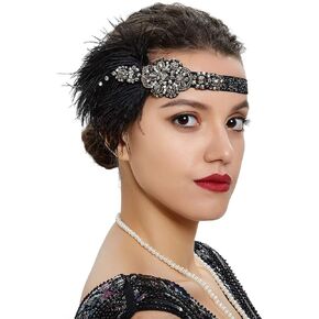 Bridal 1920s Flapper Feather Headband Crystal Beaded Black Feather Headpiece Great Gatsby Hair Jewelry for Women and Girls