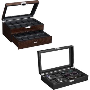 BEWISHOME 20 Slots Watch Case for Men Luxury Watch Organizer with Glass Top & 6 Watch Case and 3 Slots Sunglasses Box for Men
