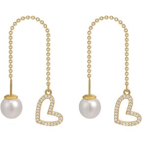 Gold Long Pearl Earrings Statement Pearl Heart-shaped Drop Earrings 925 Sterling Silver Simulated Pearl Handmade Fringe Dangle Earrings for Women Girls Wedding Party