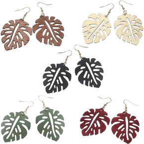 Bohemia Handmade Tropical Plant Palm Leaf Dangle Earrings Natural Ethnic Colorful Wooden Monstera Leaves Eardrop Earrings for Women Girls Jewelry