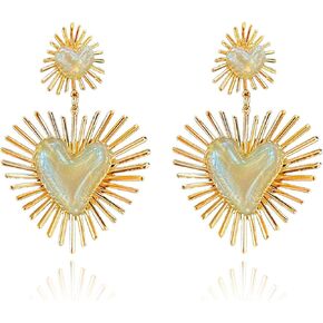 RCHENGYANUIMA Exaggerated Geometric Boho Punk Gold Sunburst Heart Statement Drop Earrings for Women Teen Girls