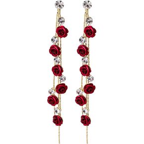 Long Rose Tassel Dangle Drop Earrings Red Purple Green 3D Rose Flower Earrings Rhinestone Crystal Rose Statement Earrings Weddings Party Birthday Jewelry for Women Girls