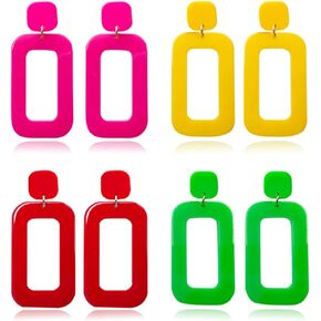 80s Women Retro Earrings Acrylic Minimalist Dangles Drop Earrings Lightweight Statement Drop Earrings Acrylic Geometric Square Hollow Dangle Earrings for Women Girls Party Costume Accessory