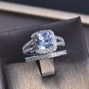 COSJOOHY 925 Sterling Silver Sparkling Full Diamond Ring Cocktail Rings Round Cut Cubic Zirconia Engagement Ring Set CZ Diamond Multi Row Eternity Engagement Wedding Ring Set Women's