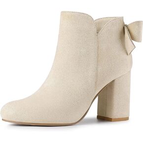 Allegra K Women's Round Toe Bow Decor Chunky Heel Ankle Boots