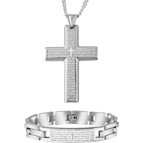 SHOP LC DELIVERING JOY Stainless Steel Bracelet Pendant Necklace Costume Jewelry Set for Women Size 24" Catholic Faith Christian Religious Birthday Gifts for Women