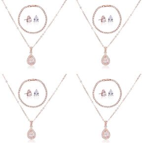 Bridesmaid Jewelry Set Gift for Wedding Party, Cubic Zirconia Crystal Teardrop Pendant Necklace Earring Tennis Bracelet Set in Gold/Rose Gold/Silver Plated