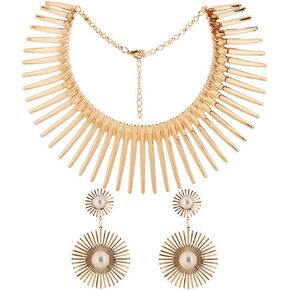 Wosois المختنق قلادة الأقراط مجموعة الذهب زهرة الأفريقية مريلة القبلية مكتنزة المختنقون قابل للتعديل بيان طوق القلائد سبيكة شوكة الأزياء والمجوهرات اكسسوارات للنساء in Kuwait