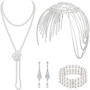 Sanfenly Great Gatsby Accessories for Women Flapper Accessories 1920s Pearl Jewelry Set Roaring 20s Gold Silver Vintage Bridal Rhinestone Headpiece Long Faux Pearl Necklace Bracelet Earrings for Wedding Halloween Themed Party